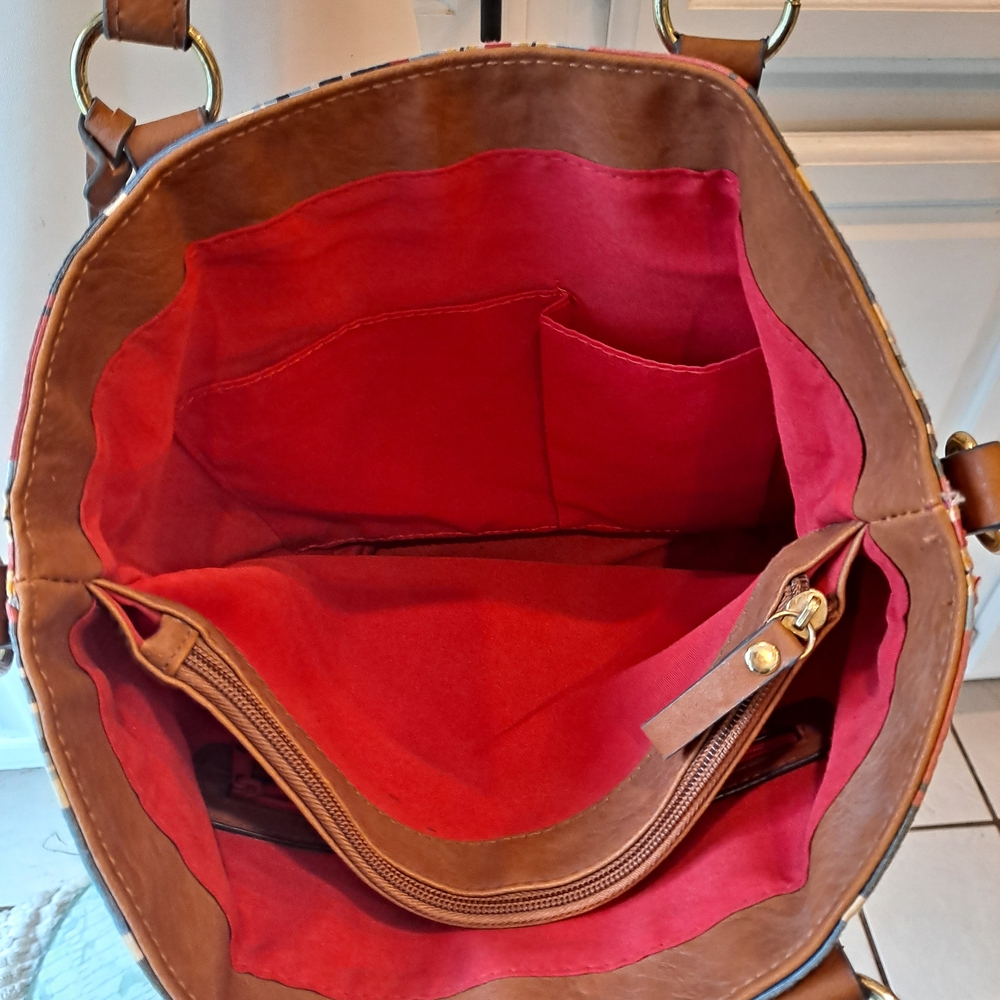 Kim Rogers Red & Blue Madras Plaid Tote with Brown Leather Trim - Picture 7 of 12